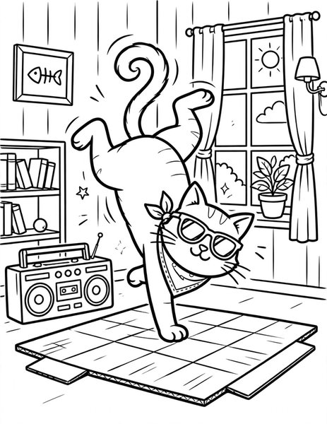 Hip Hop Cat coloring page: A cat breakdances.