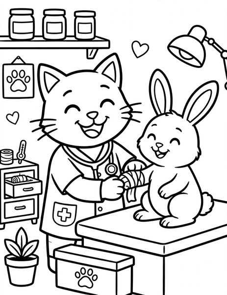 Vet Cat coloring page: A cat vet helps a bunny.