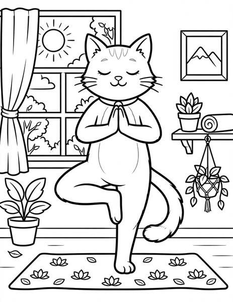 Yoga Cat coloring page: A cat stretches in yoga poses.