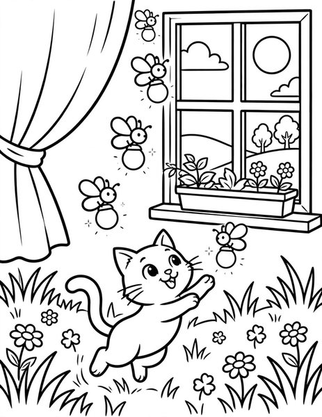 Firefly Cat coloring page: A cat chases fireflies at dusk.