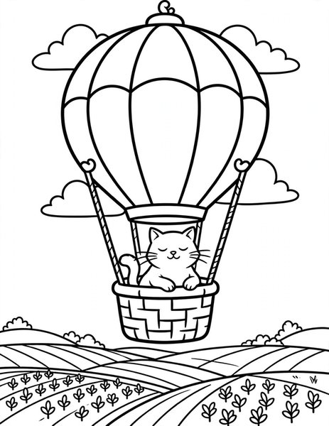 Balloon Cat coloring page: A cat floats in a hot air balloon.