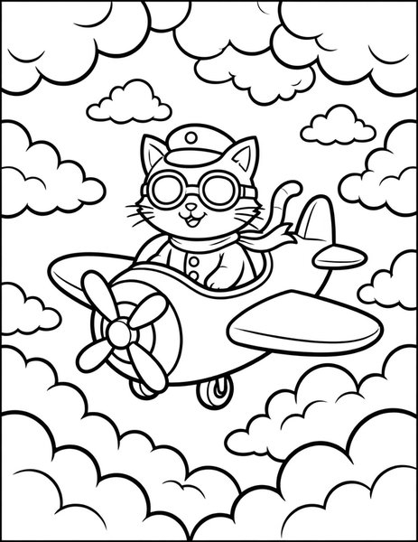 Pilot Cat coloring page: A cat flies a tiny airplane.