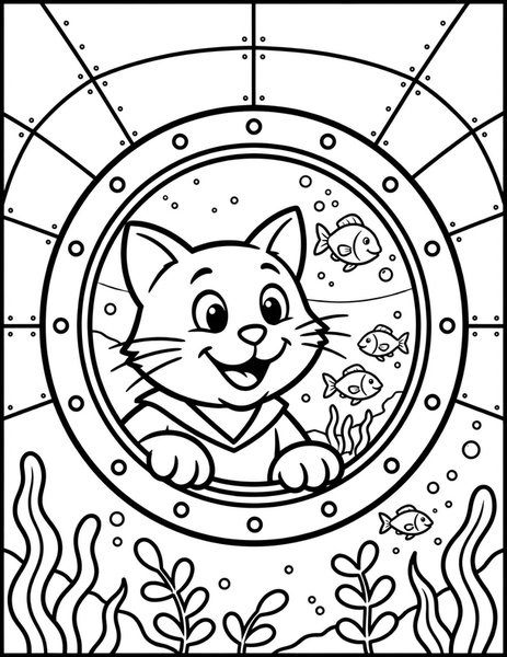 Submarine Cat coloring page: A cat peers through a porthole.