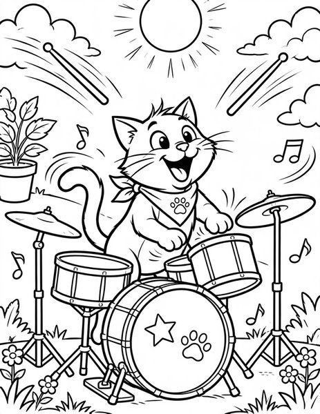 Drummer Cat coloring page: A cat bangs the drums.