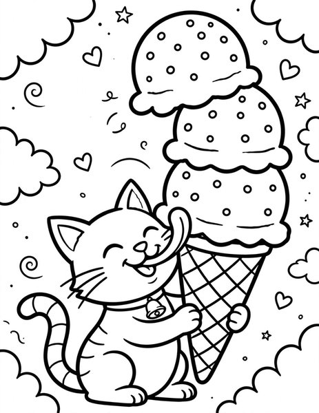 Ice Cream Cat coloring page: A cat licks an ice cream cone.