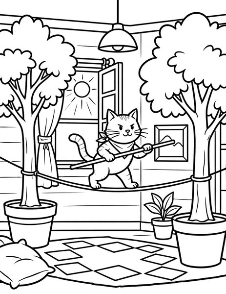 Tightrope Cat coloring page: A cat walks a tightrope.