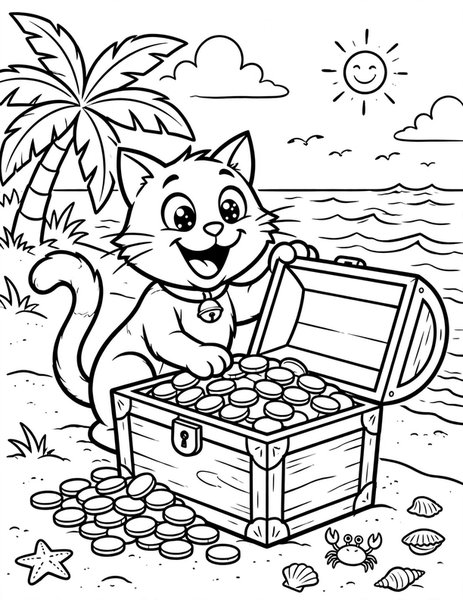 Treasure Cat coloring page: A cat finds a treasure chest.