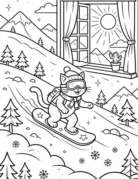 Snowboarder Cat coloring page: A cat shreds fresh powder.