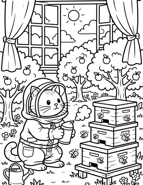 Beekeeper Cat coloring page: A cat tends buzzing hives.