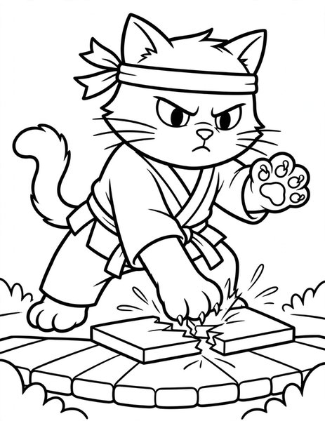 Karate Cat coloring page: A cat breaks a board.