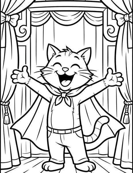 Opera Cat coloring page: A cat sings on a grand stage.