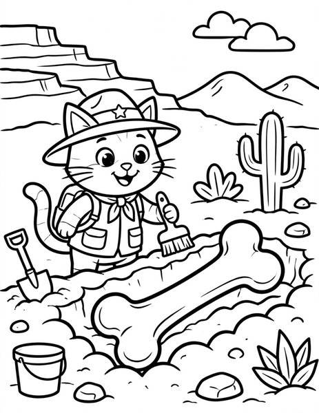Archaeologist Cat coloring page: A cat digs up a dinosaur bone.