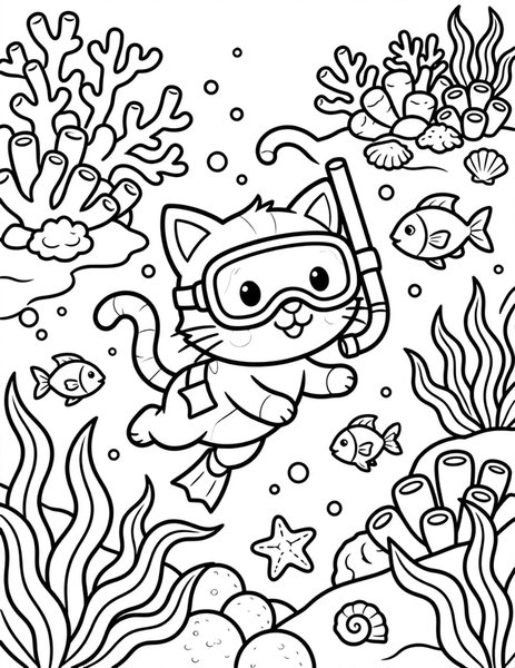 Diver Cat coloring page: A cat explores a coral reef.