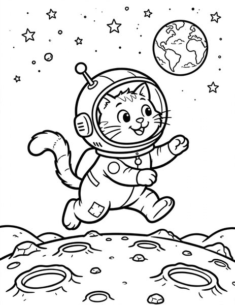 Moon Cat coloring page: A cat bounces on the moon.