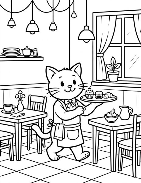 Waiter Cat coloring page: A cat serves tiny desserts.