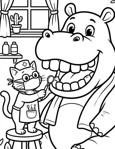 Dentist Cat coloring page: A cat cleans a hippo's teeth.