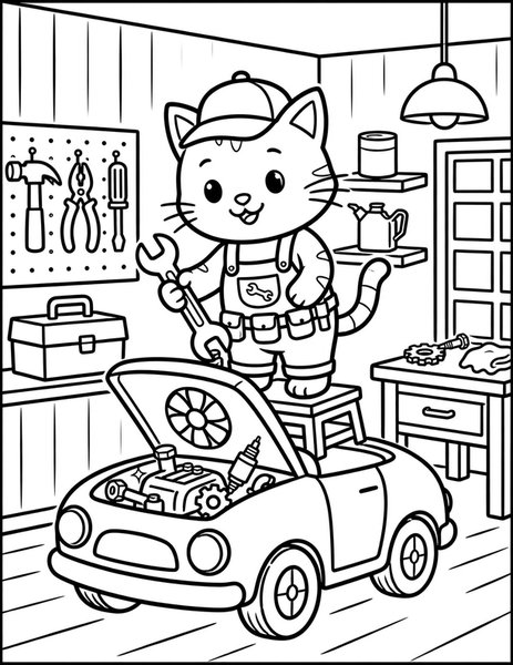 Mechanic Cat coloring page: A cat fixes a toy car.