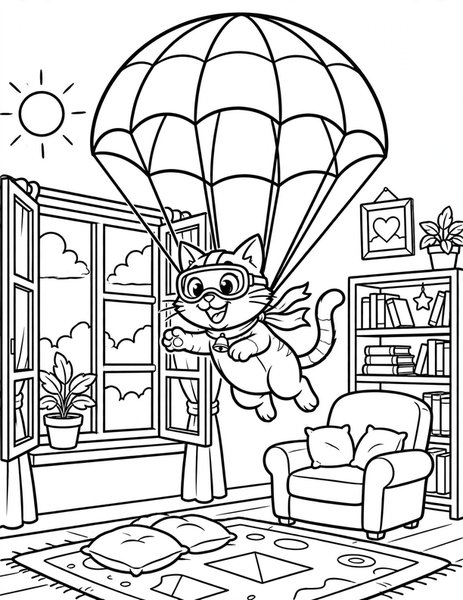 Parachute Cat coloring page: A cat floats down with a parachute.