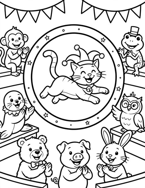 Circus Cat coloring page: A cat jumps through a hoop.