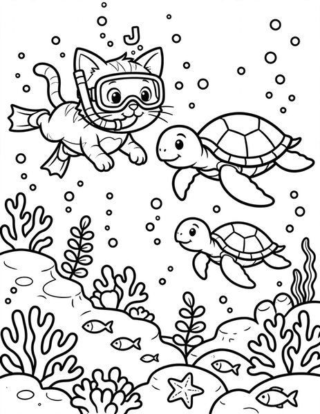 Snorkel Cat coloring page: A cat snorkels with turtles.