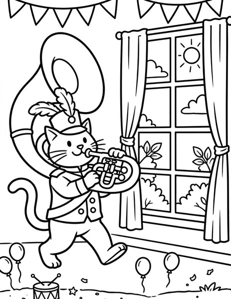 Tuba Cat coloring page: A cat plays a tuba in a parade.