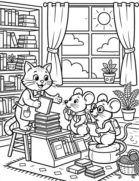 Bookstore Cat coloring page: A cat recommends books to mice.