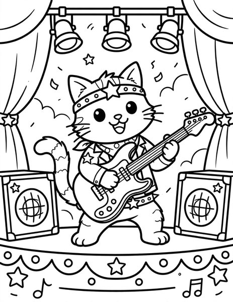 Rock Star Cat coloring page: A cat shreds on electric guitar.