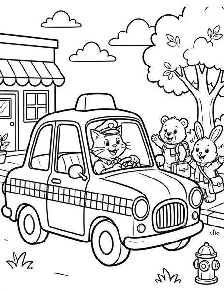 Taxi Cat coloring page: A cat drives a taxi.