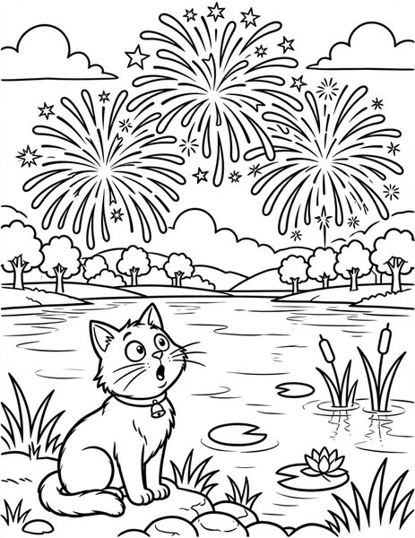 Fireworks Cat coloring page: A cat watches fireworks.