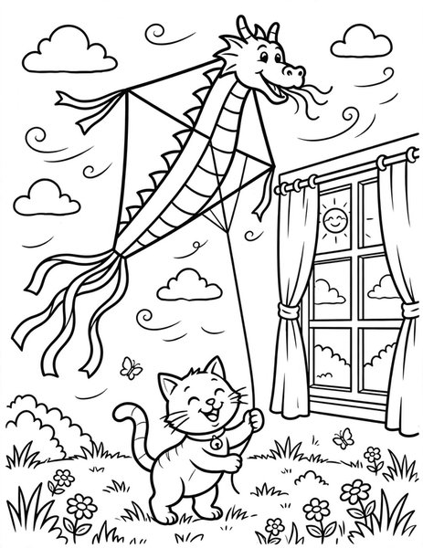 Kite Cat coloring page: A cat flies a dragon kite.