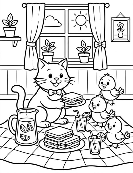 Picnic Cat coloring page: A cat shares a picnic.