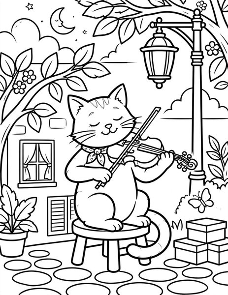 Violin Cat coloring page: A cat plays a violin.