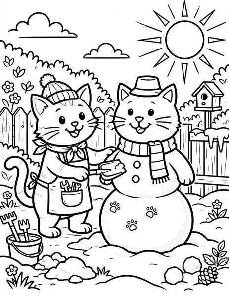 Snowcat Build coloring page: A cat builds a snowcat.