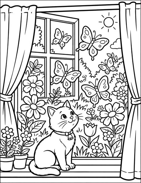Butterfly Cat coloring page: A cat watches butterflies.