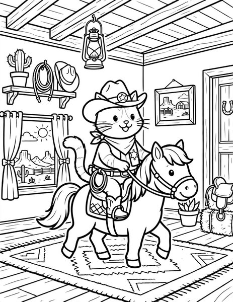 Cowboy Cat coloring page: A cat rides a pony.