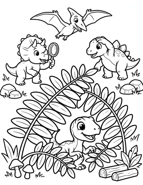 Hide and Seek coloring page: A baby raptor hides behind a fern while friends seek.