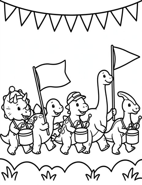 Stomp Parade coloring page: A line of dinosaurs marches in a stompy parade.