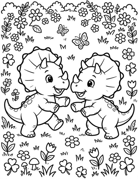 Triceratops Twins coloring page: Twin baby triceratops play together in the meadow.