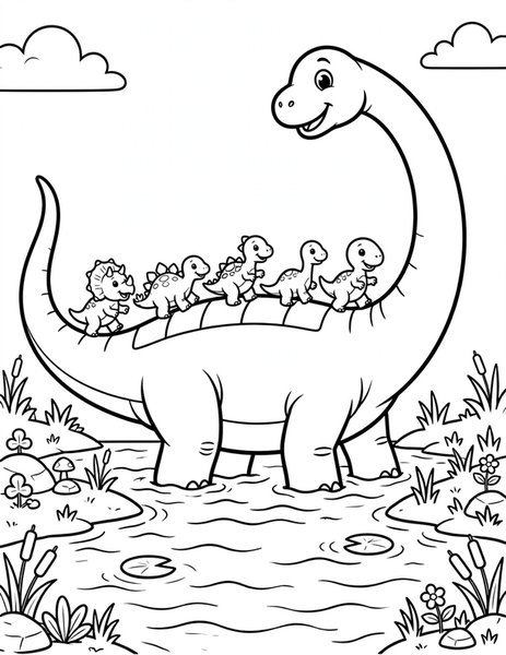 Brachio Bridge coloring page: Small dinosaurs cross a river on a brachiosaurus back.