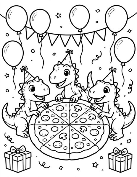 Raptor Pizza Party coloring page: Raptors share a giant pizza at a dino party.