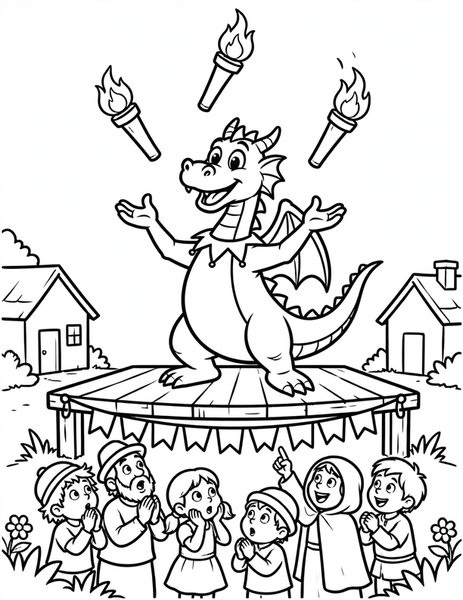 Dragon Talent Show coloring page: A dragon juggles flaming torches on stage.