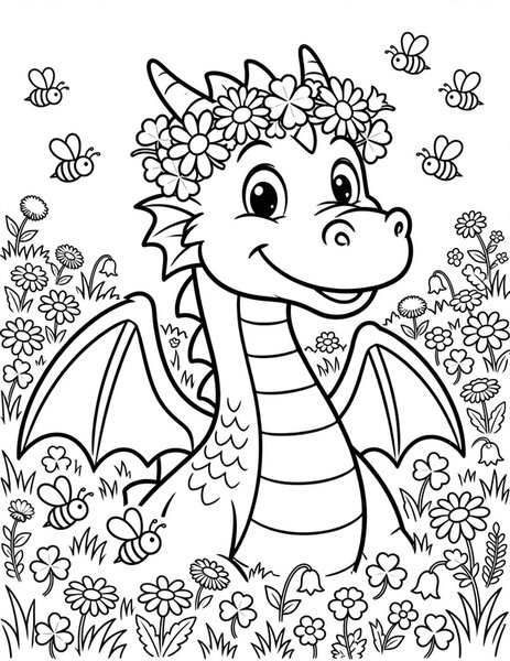 Dragon Flower Crown coloring page: A dragon wears a crown of daisies.