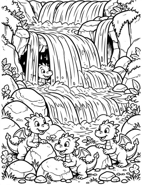Dragon Hide and Seek coloring page: A baby dragon hides behind a waterfall.
