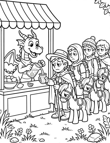 Dragon Lemonade Stand coloring page: A dragon sells lemonade to thirsty travelers.