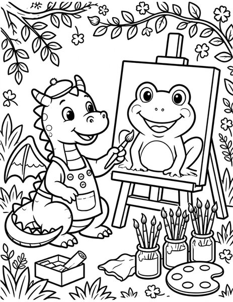 Dragon Art Class coloring page: A dragon paints a portrait of its best friend.