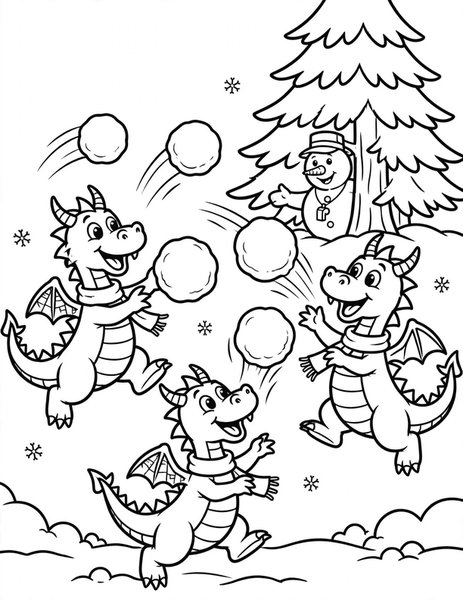 Dragon Snowball Fight coloring page: Dragons pelt each other with giant snowballs.