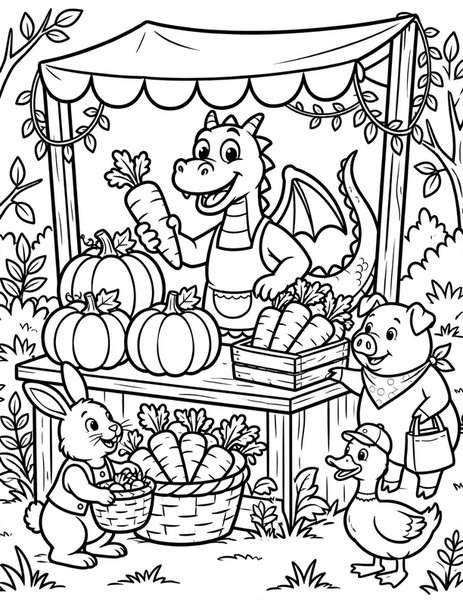 Dragon Farmers Market coloring page: A dragon sells giant veggies at the market.