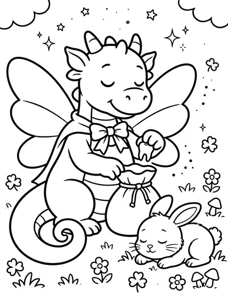 Dragon Tooth Fairy coloring page: A dragon collects a lost tooth in a tiny pouch.