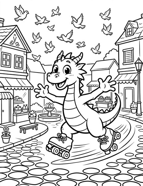 Dragon Roller Skates coloring page: A dragon zooms around on shiny roller skates.