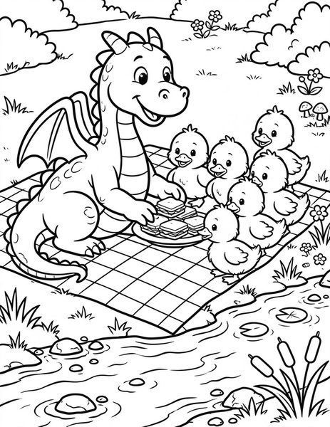 Dragon Picnic Blanket coloring page: A dragon shares sandwiches with ducklings.